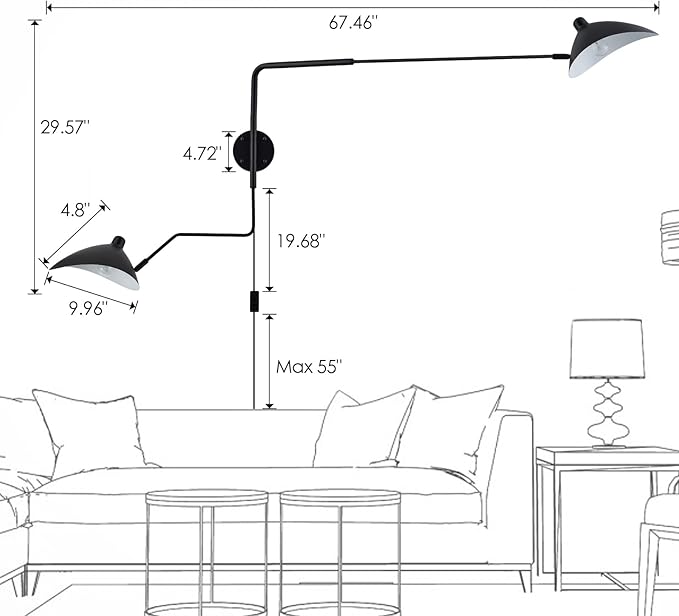 67" Mid-Century Wall Sconce Plug in with Adjustable 2-Arms, Matt Black Wall Lights with On/Off Cord for Bedroom, Living Room, Dining Room 2-Light