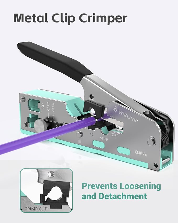 VCELINK RJ45 Crimp Tool, All-In-One Ethernet Crimper for CAT7/CAT6A/CAT6/CAT5E/CAT5, No Screwdriver Needed RJ45 and RJ11/RJ12 Crimping Tool, with An Adjustable Knob, Green