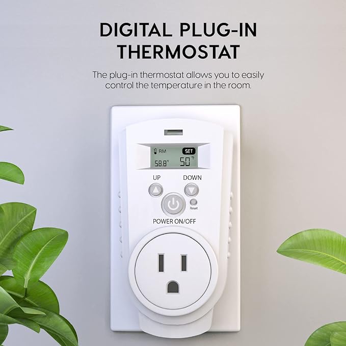 EconoHome Digital Plug in Thermostat - Programmable Thermostat with LCD Screen, Temperature Control & Power Buttons - Compatible with Wall Mount & Portable Heater, Air Cooler, Greenhouse Fans