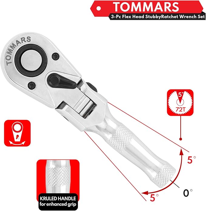 TOMMARS Flex-Head Stubby Ratchet Set, 1/4", 3/8", 1/2" Drive Flexible Mini Small Ratchet Handle Wrench 72-Tooth Quick-Release Reversible