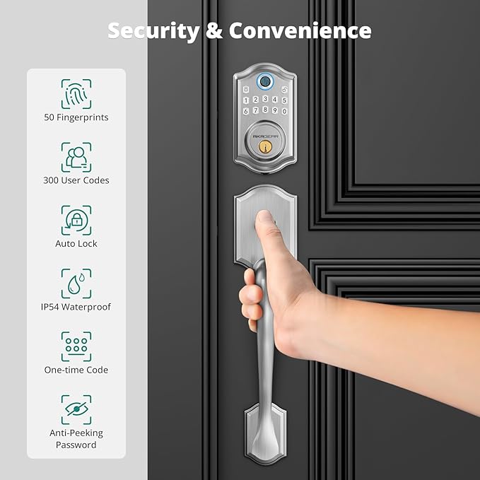 DS10 Keyless Entry Door Locks - Keypad Lock with Handle Set, Fingerprint Deadbolt, Smart Locks for Front Doors, Auto-Lock & One Touch Locking, 2 Keys, Easy Installation