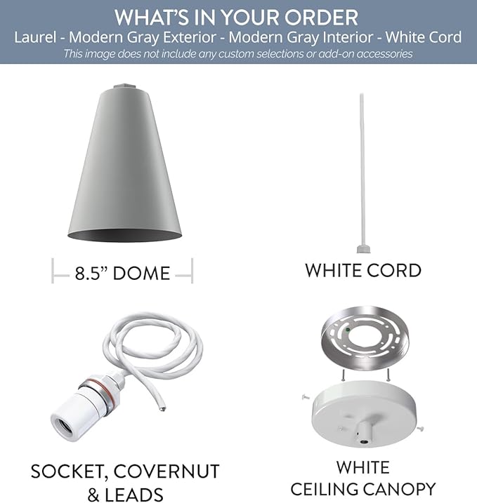 Steel Lighting Co. Laurel Pendant Light | Ceiling Mounted | 8.5 inch Cone Shade | Modern Contemporary Farmhouse Style Made in America | White Cord | Modern Gray Exterior/Modern Gray Interior