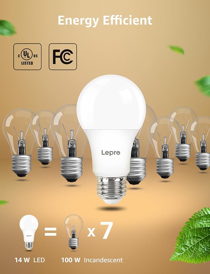 Lepro Dimmable LED Light Bulbs 100 Watt Equivalent, 14W 1500LM Soft Warm White 2700K, A19 E26 Standard Medium Base, UL FCC Listed, 15000 Hour Lifetime, 6 Packs