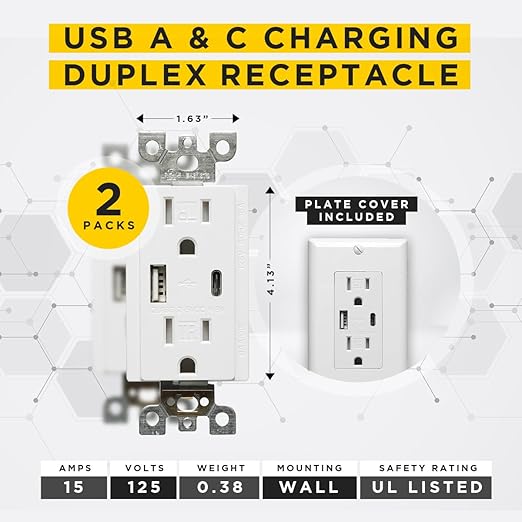 USB Charger and Receptacle Outlet, USB A/C Wall Charging Ports, 4.8A 120V, Fast-Charging Electrical Ports, Tamper Resistant sockets, Cover Plate Included, UL Listed, 2-Pack