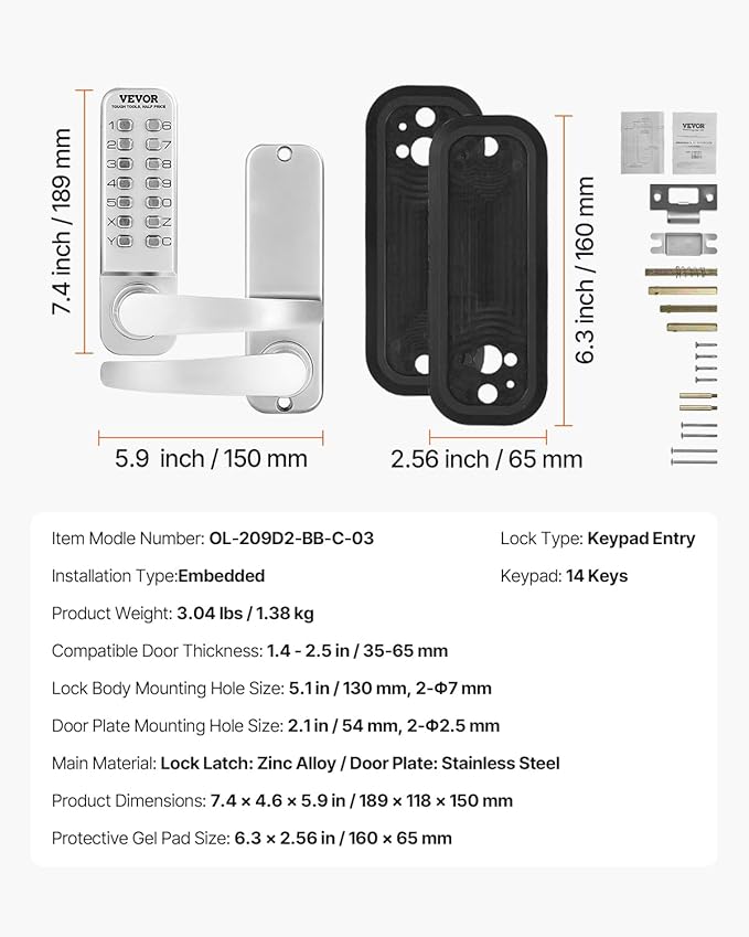 VEVOR Mechanical Keyless Entry Door Lock, 14 Keys, Mechanical Keypad Door Lock with Handle, Stainless Steel Waterproof Keyless Gate Lock, for Home Office Outdoor Fence Garage Yard