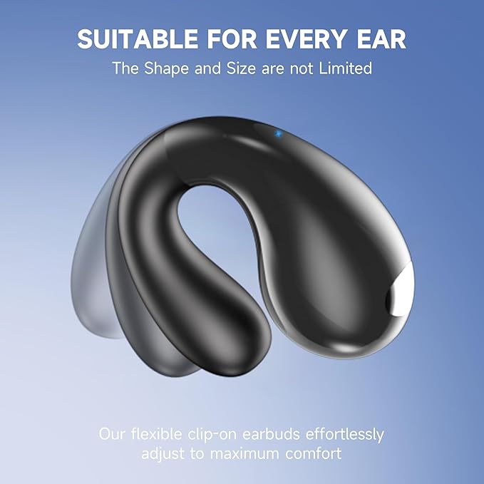 Open Ear Earbuds Wireless Bluetooth 5.3 Earphones, Flexible Clip On Ear buds with 36H Playtime LED Display Bone Conduction Headphones, IPX7 Waterproof Light Weight Fit for Every Ear, Sport, Workout