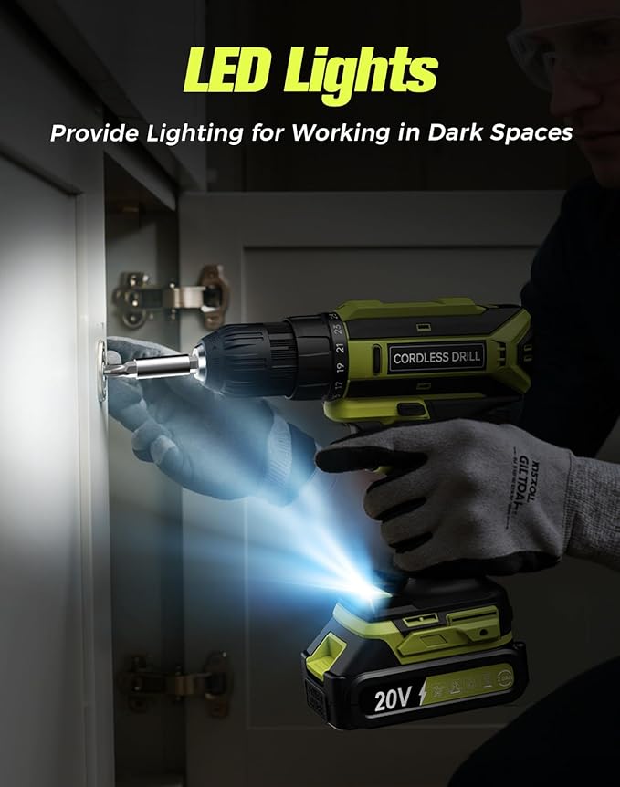 Cordless Drill, 20V MAX Power Drill Set with 2.0Ah Power Pack & Charger, 3/8 Inch Keyless Chuck, Variable Speed, 25+1 Position and 56PCS Bits/Screws, Power Tools for Home Projects