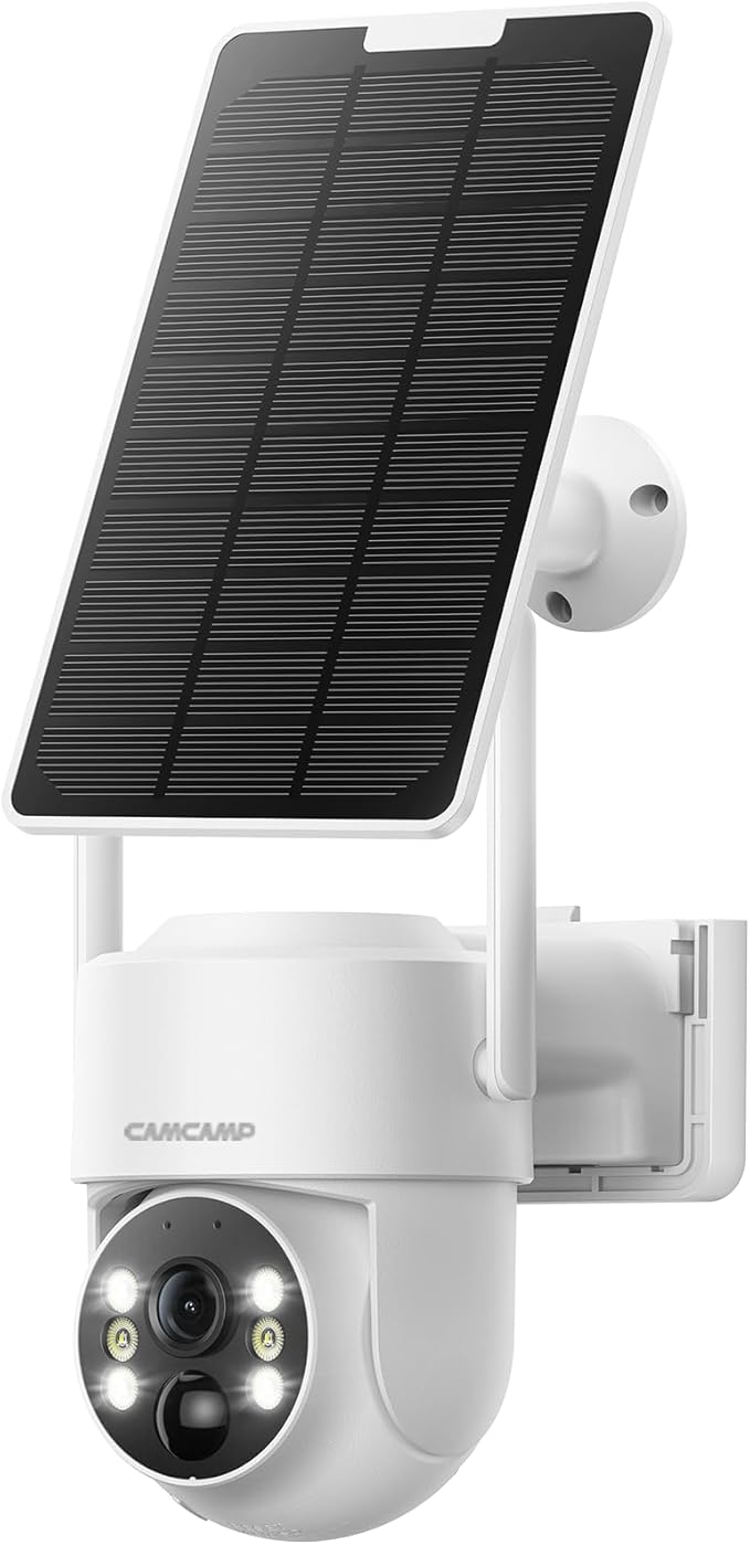 CAMCAMP 2K PTZ Wireless Solar Security Camera Outdoor for Solar Powered Home Security Camera Wireless System, No WiFi Need, Color Night Vision PIR Motion Detection App Alert 2-Way Talk IP66 Waterproof