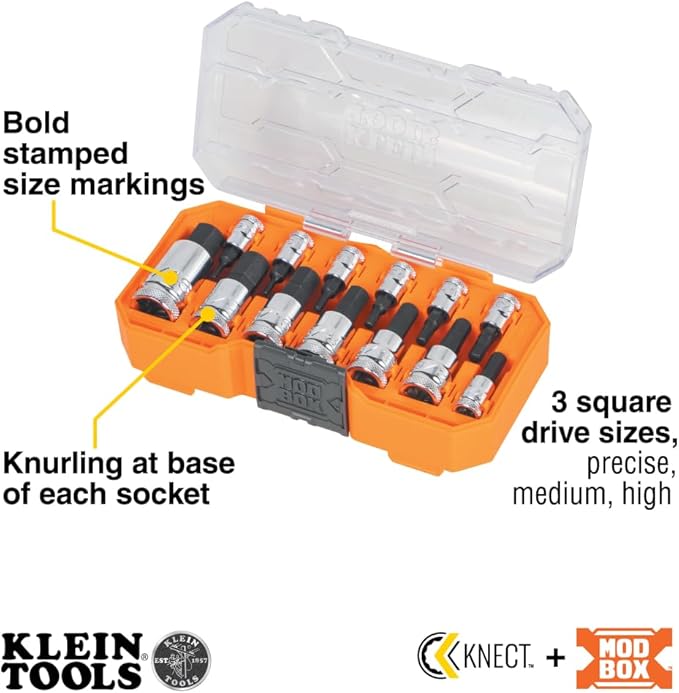 Klein Tools 65213HEX Knurled Hex Bit SAE Socket Set, 1/4, 3/8 and 1/2-Inch Drives, Premium Cr-V Steel, SAE Sizes 5/64 to 9/16-Inch, MODbox Case, 13-Piece