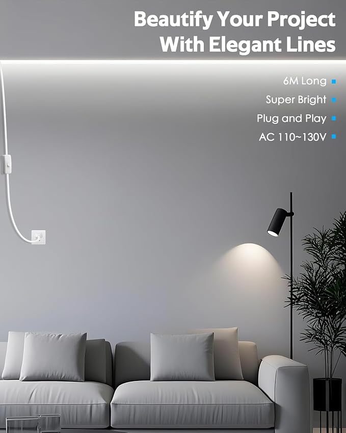 White LED Strip Lights 110V for Bedroom 20FT Adhesive Flexible Outdoor Waterproof LED Rope Light for Outside AC 110V-120V 2835 120LED/M LED Tape Light with Switch Plug in for Bedroom Indoor