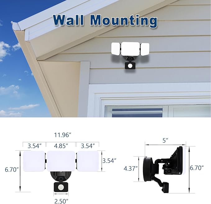 EMANER Outdoor Flood Lights Motion Sensor, Dusk to Dawn & Detection Adjust, Outside LED Security Lights 4500lm 120V, 5000K 3-Head Frosted Lens, Wall Lights for Patio/Driveway/Yard, (2-Pack, Black)