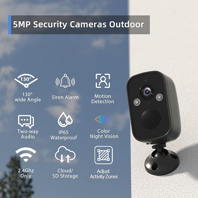 Rraycom 3Pack Security Cameras Wireless Outdoor, 5MP Battery Powered Indoor Camera, 130° FOV, Full-Color Night Vision, Spotlight Siren Alarm, 2-Way Audio, Cloud/SD, w/Alexa