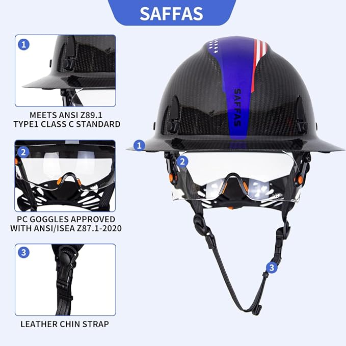 Carbon Fiber Full Brim Hard Hat Safety Helmet with Goggles and Leather Chin Strap 6-Point Suspension Adjustable Knob with Neck Protection