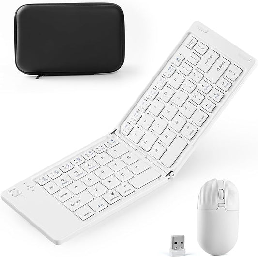 Foldable Keyboard and Mouse, 2.4G Wireless+Dual Bluetooth5.0 Folding Keyboard & Mouse Combos for Business and Travel, USB-C Rechargeable Portable Keyboard Mouse for iPads, Phones, Tablets-White