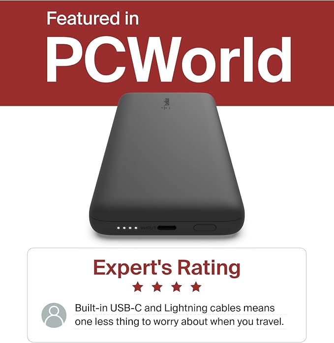Belkin Portable Charger, Power Bank 10000 mAh, 23W w/Integrated Lightning Cable & USB-C Cable - iPhone Charger Battery Pack for Apple iPhone 16, 15, 14, Galaxy S25, Pixel 9, Travel Essentials - Black
