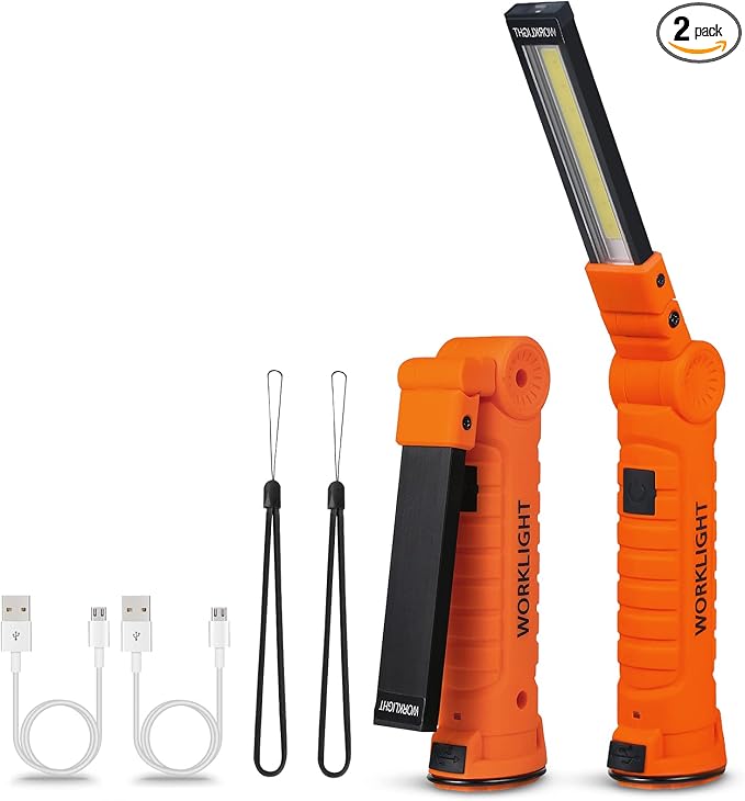 LED Rechargeable Work Lights, Flashlight Hand Tools Mens Dad Birthday Gift Magnetic Worklight,360°Rotate 5 Modes Portable Inspection Torch for Mechanics,Automotive,Camping,Emergency (2 Pack)