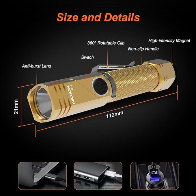 NICRON Flashlight, 700 Lumens 90 Degree Pocket Flashlight Rechargeable IP65 Waterproof 7 Modes for Camping, Outdoor, Hiking, Car Repairing, Gold