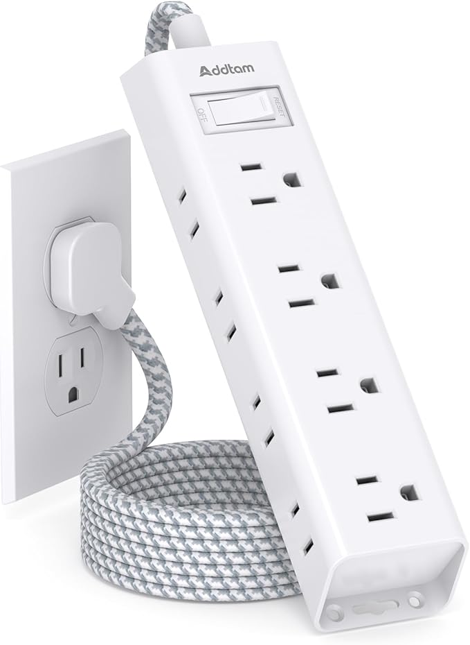 6Ft Extension Cord - Surge Protector Power Strip, Addtam 12 Widely 3 Sides Outlet Extender, Flat Plug, Wall Mount, Desktop Charging Station for Home Office College Dorm Room Essentials