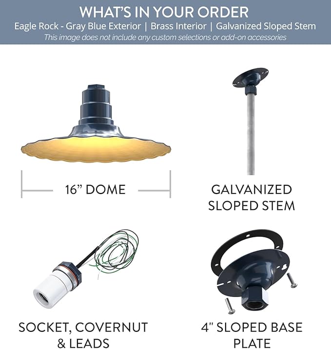 Steel Lighting Co. Eagle Rock Pendant | Ceiling Mounted Light | 16 inch Radial Wave | 12" Sloped Stem | Heavy Duty Steel Retro Farmhouse Style Made in America | Gray Blue Exterior/Brass Interior