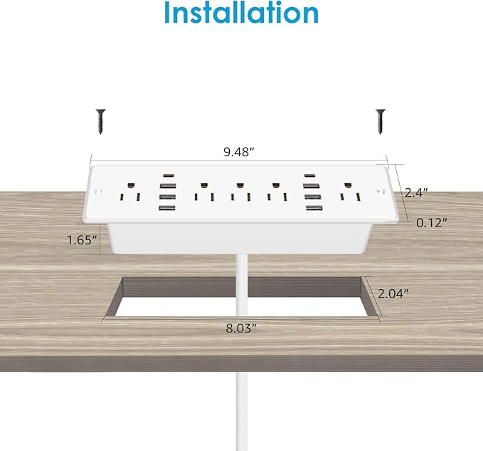 HHSOET 13 in 1 Recessed Power Strip Flat Plug, Fast Charging Desk Outlet with USB, Conference Recessed Power Outlet Socket with 5 AC Plugs, 6 USB Ports 2 USB-C, 6ft Power Cord. (White)
