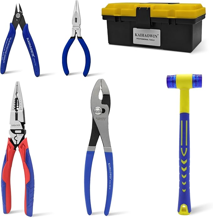 KAIHAOWIN 6-Piece Tool Set with Case, 8.8” Long Nose, Slip Joint Pliers,5” Needle Nose, 5" Flush Cutter, Rubber Mallet for Repairing & Home Use