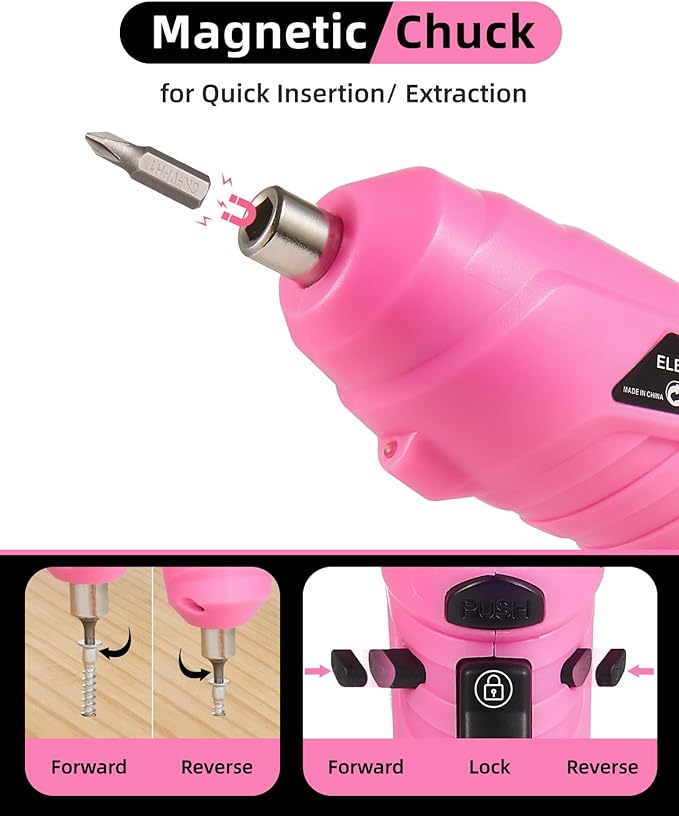 Pink Cordless Electric Screwdriver Set, 3.7V Rechargeable Small Electric Drill with 48pcs Driver Bit Set, Power 3Nm Screw Gun with 2 Position Handle, Flexible Shaft LED Light for Women