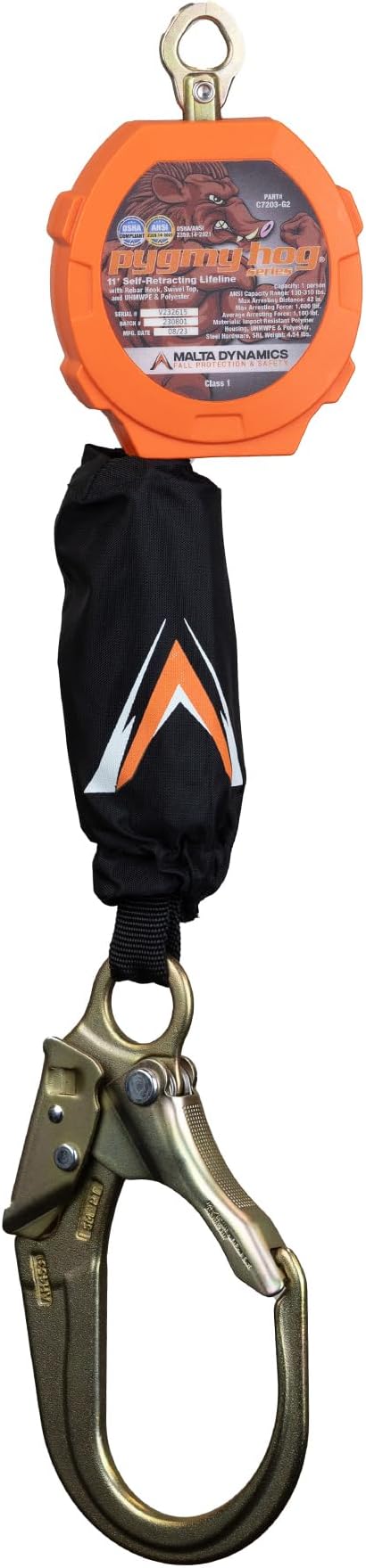 Malta Dynamics Pygmy Hog 11-Foot Self-Retracting Lifeline (SRL) – OSHA & ANSI Compliant Fall Protection Retractable Lanyard with Rebar Hook – Class 1-P, Lightweight, Durable, 310 Pound Capacity
