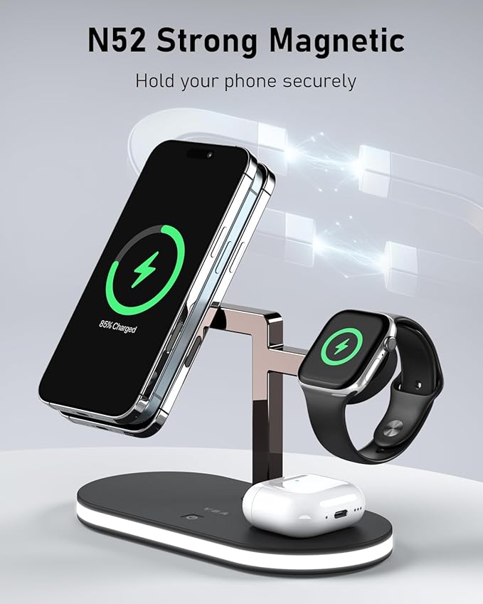 VBA 4 in 1 Wireless Charging Station for Apple MagSafe Charger,Fast Charging Magnetic Wireless Charger Stand with Night Light for iPhone 17 Air 16 15 14 13 12 Series,Apple Watch,AirPods Pro (Black)