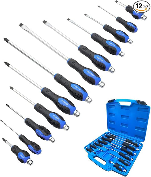 ROTATION Magnetic Screwdriver Set 12 PCS with Black tips, 6 Phillips and 6 Flat Head Screwdrivers, with Go-Thru Steel Blades, High Torque for Fastening and Loosening (Black Tip_Matt Blade)