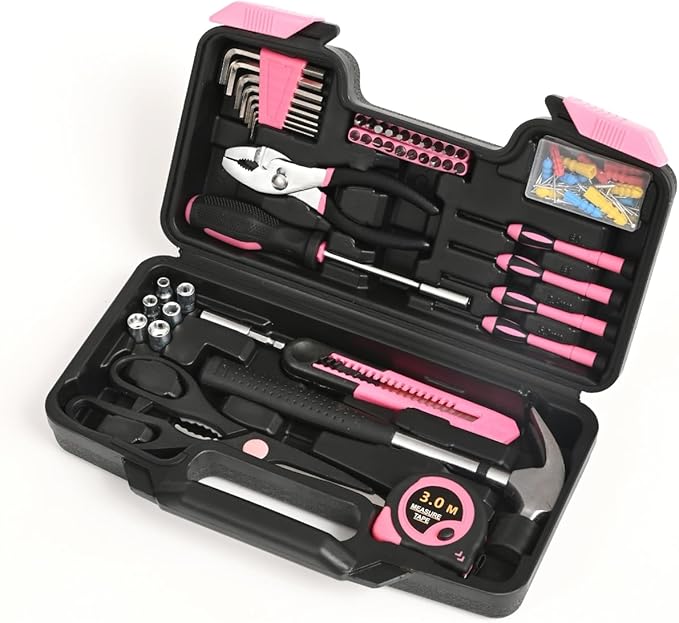 132 Piece Pink Household Tool Set General Household Hand Tool Kit with Plastic Toolbox Storage Case, All Purpose Small Tool Set Great for Home, Garage, Office and College Dormitory Use