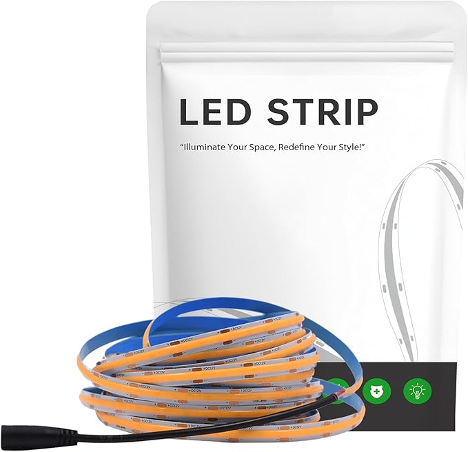 COB LED Strip Light 12V 8W/M 16.4ft/5m 320LED/M Warm White 3000K CRI90+ Super Bright Flexible LED Tape for Indoor Home Cabinet,Bedroom,Kitchen,DIY Lighting Project(Power Supply Not Included)