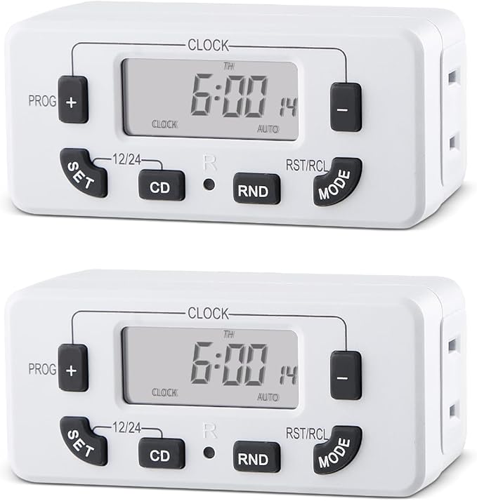 7 Day Programmable Digital Timer Outlet, Indoor Timer with Single Plug-in, Suitable for Lamp, Fan, Aquarium, 15A 1/2HP, 2 Pack