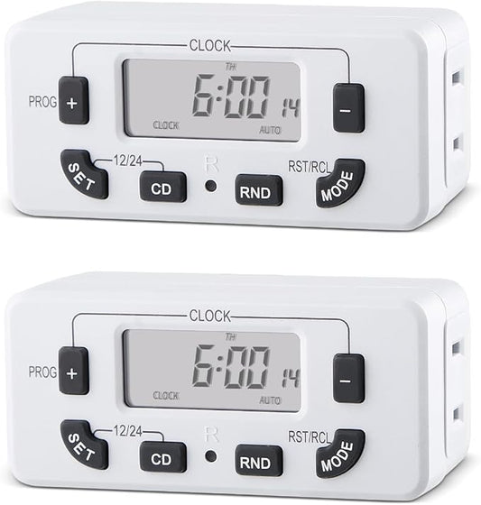 7 Day Programmable Digital Timer Outlet, Indoor Timer with Single Plug-in, Suitable for Lamp, Fan, Aquarium, 15A 1/2HP, 2 Pack