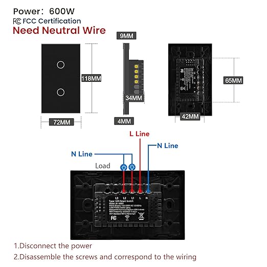 Smart Light Switch 3 Way Need Neutral Wire,FCC Certified,2.4GHz WiFi Switch Glass Panel APP Control Timer Work with Tuya/Smart Life,Alexa and Google Home,Black 2 Gang