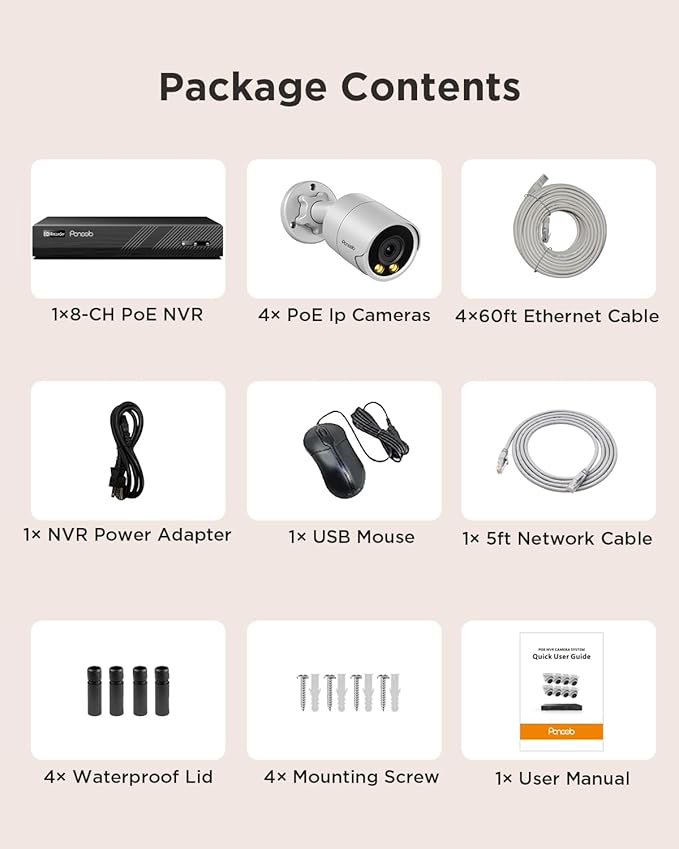 PoE Security Camera System, 4X 5MP Wired Home Bullet IP Cameras Built-in microphone, Human Vehicle Detection, Smart Color Night Vision, 8 Channel 4K NVR 2TB HDD for 24/7 Recording, PB38F0408-5M