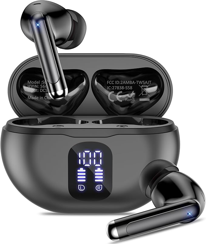 Bluetooth Headphones True Wireless Earbuds 50H Playback LED Power Display Earphones with Wireless Charging Case IPX7 Waterproof in-Ear Ear buds with Mic for Smart Phone Computer Sports, Black