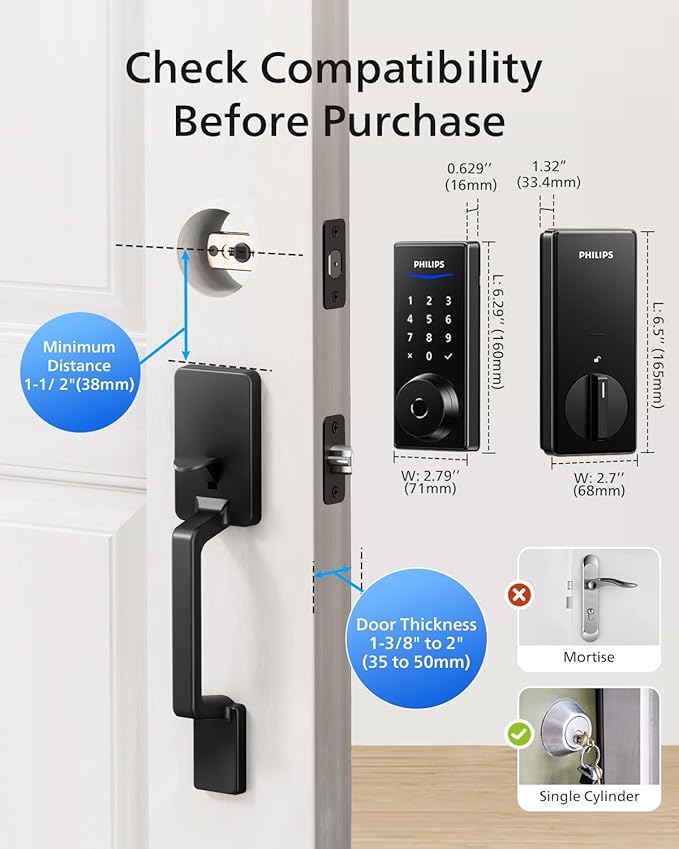Philips Wi-Fi Smart Lock with Handle, Keyless Entry Keypad Door Lock with Handle, Front Door Deadbolt Set with WiFi Gateway, App Control, Fingerprint Unlock, PIN Code Unlock, Auto Locking