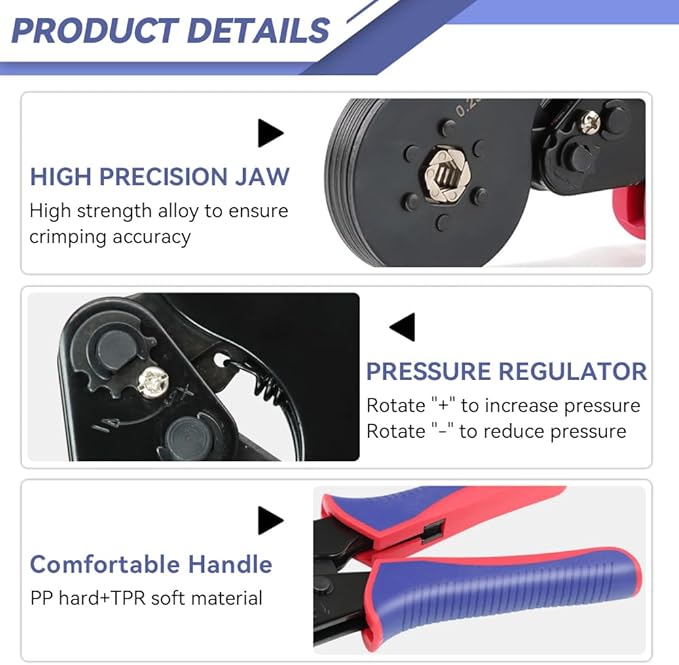 Ferrule Crimping Tool AWG 23-7, Hexagonal Crimper for End-Sleeves Terminal - Self-Adjusting Racheting Tool