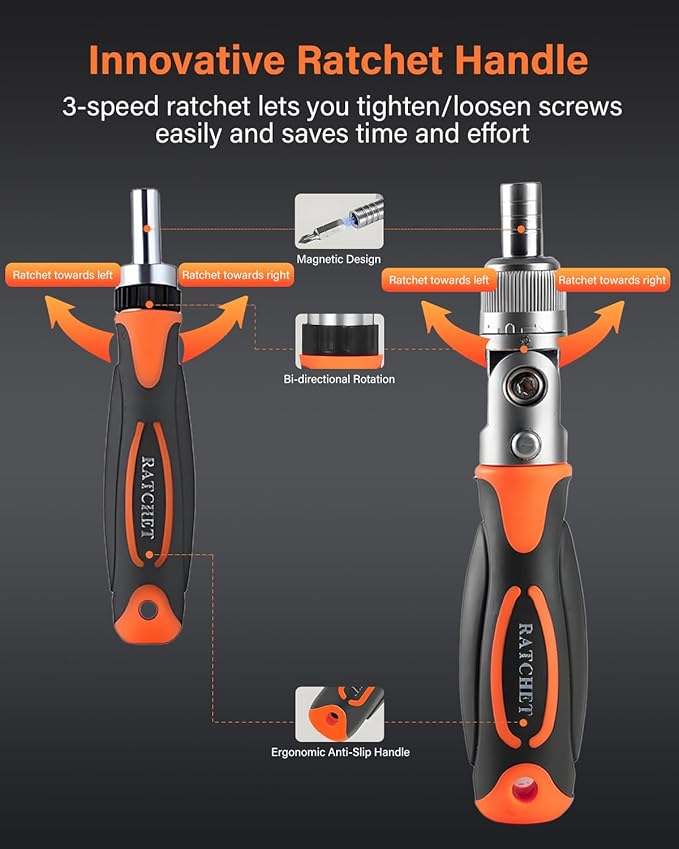 Ratcheting Screwdriver Set, 68 in 1 Socket Set & Magnetic Screwdriver Bit Set with Rotatable Ratchet Handles, Extensions Bar and Storage Case for Phone, Computer, Bike, Car, Electronics Maintenance