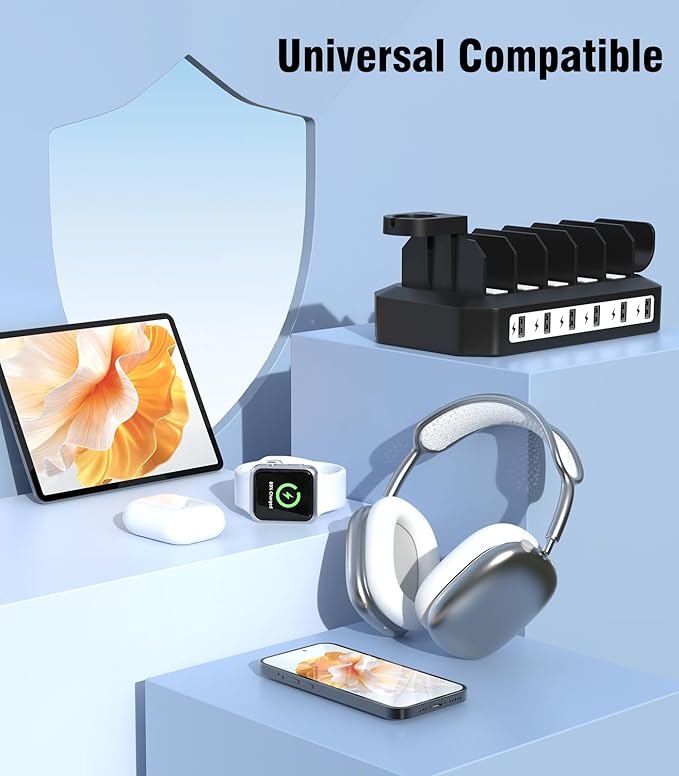 [2025 Upgraded] 6 IN 1 Fast Charging Station for Multiple Device【Durable & Safe Charging】6 Ports Charging Dock Organizer with 6 Cables & 2 Stands for Cellphone/Tablet/Kindle/iWatch & Other Electronic