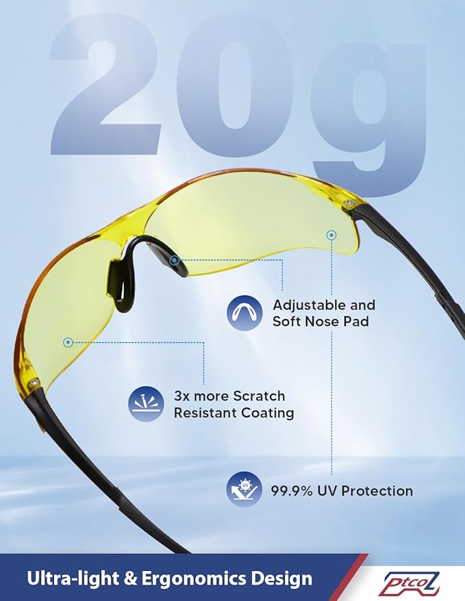 Safety Glasses 12 Pack Amber Tinted: ANSI Z87.1 Certified Anti-Scratch Polycarbonate Lens UV Protection for Construction & Cycling, Woodworking & Lab Lightweight Sofety Nose Pad Unisex