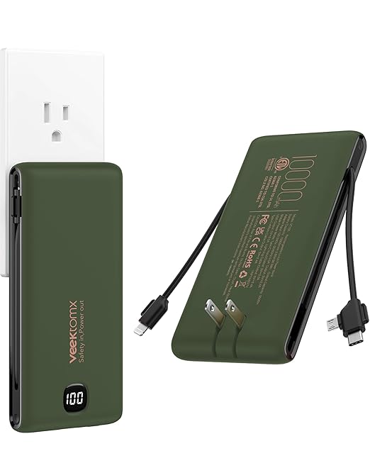 VEEKTOMX Portable Charger with Built in Cables 10000mAh, Power Bank for iPhone with Wall Plug, Travel Essential Fast Charging USB C Slim External Battery Pack for iPhone16/15/14, Samsung, iPad, etc