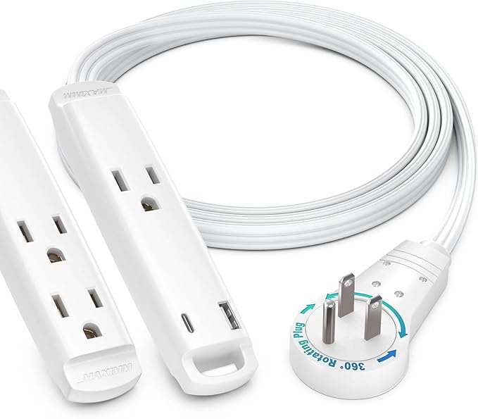 Maximm 360° Rotating Flat Plug Extension Cord 3-Outlet with USB-C and USB-A Ports 6FT, 3-Prong Flat Wire 16AWG, UL Certified (White)
