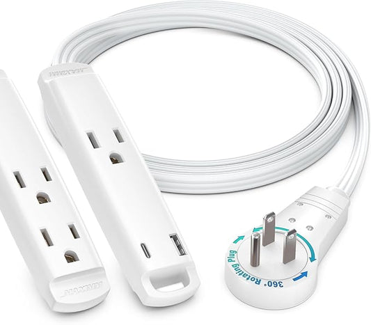 Maximm 360° Rotating Flat Plug Extension Cord 3-Outlet with USB-C and USB-A Ports 6FT, 3-Prong Flat Wire 16AWG, UL Certified (White)