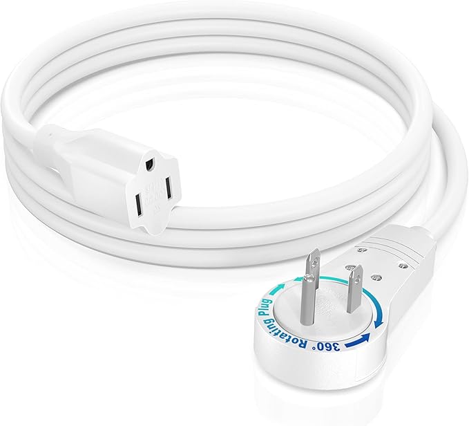 Maximm Extension Cord 2 Foot White Flat Plug, 360° Rotating Short Power Cord Single Outlet, Indoor 16 Gauge 3 Prong Grounded Wire UL Certified (2Ft White)