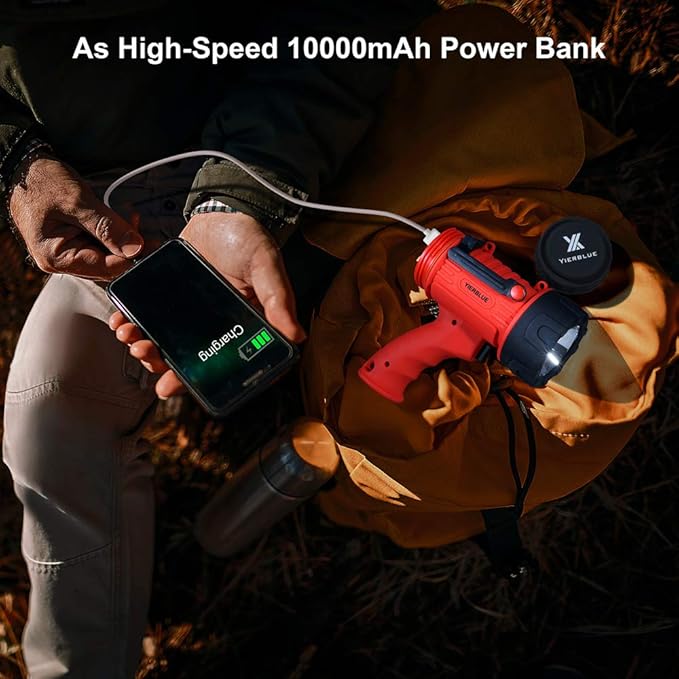 YIERBLUE Rechargeable Spotlight with Super High Lumen LED, IP67 Waterproof Handheld Flashlight Searchlight with Detachable Red Light Filter, Long Running