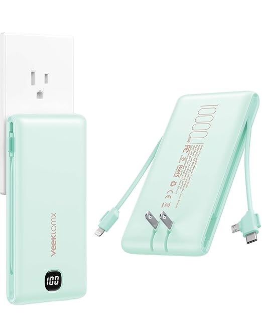 VEEKTOMX Portable Charger with Built in Cables 10000mAh, Power Bank for iPhone with Wall Plug, Travel Essential Fast Charging Slim USB C External Battery Pack for iPhone16/15/14, Samsung, iPad, etc