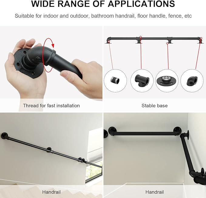 Willstar 2FT Industrial Staircase Handrail Non-Slip Pipe Bar Foot Rail Wall Mount Stair Rail Vintage Grab Bar for Steps Black Iron Pipe Handrail for Outdoor Indoor Stairs Loft Porch Hand Rail (2ft)