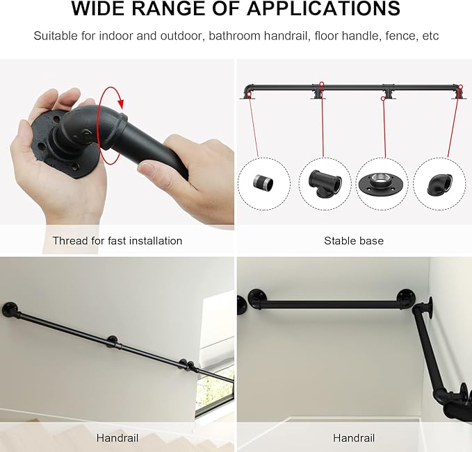 Willstar 8FT Industrial Staircase Handrail Non-Slip Pipe Bar Foot Rail Wall Mount Stair Rail Vintage Grab Bar for Steps Black Iron Pipe Handrail for Outdoor Indoor Stairs Loft Porch Hand Rail (8ft)