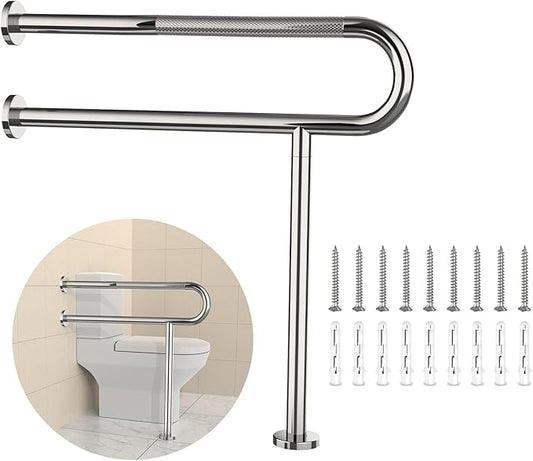 Toilet Grab Bar 31.3 Inch with Leg, YuanDe Chrome Anti-Slip Toilet Handrail, Wall & Floor Mounted Stainless Steel Grab Bar, Knurled Handicap Support Rail for Elderly, Disabled, Pregnant